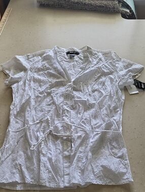Style & Co. White Button-Front Blouse with Subtle Metallic Pinstripes